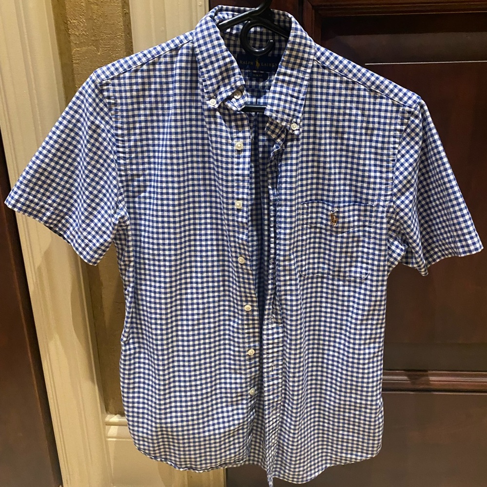Men’s Ralph Lauren Blue Checkered SS Polo Size Slim M